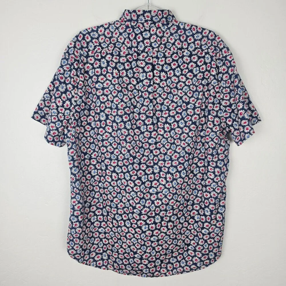 J. Crew Button Down Shirt Poplin Short Sleeve Organic Cotton Floral Navy Size L